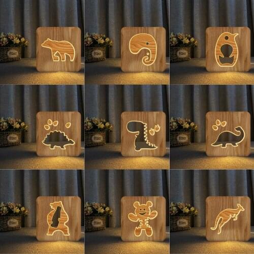 Wholesale 72 Styles Wooden Animal Night Light Luminaria 3D Lamp USB Powered Desk Lights Xmas Gift Stay Home Fun Best Toy