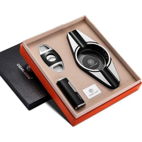Cigar Ashtray 3 pieces set Portable Windproof Lighter with Double-edge Sharpness Cigar Cutter and Ashtray CQ-0127