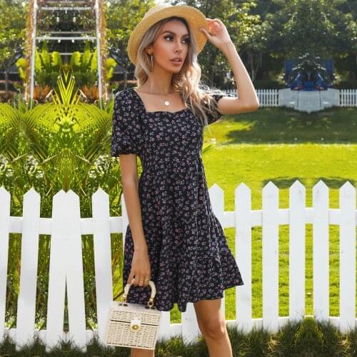 Summer Womens Dress Floral Print Square Neck Puff Sleeve Slim Pleated Sundress Female Party Casual Elegant Midi Dress