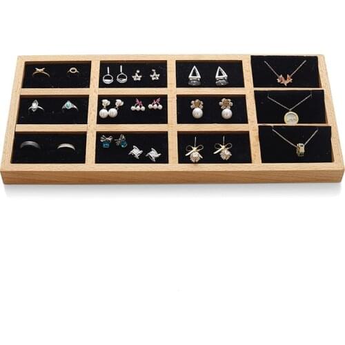 Novelty Wood Jewelry Display Stand 12 Grids Jewelry Velvet Display Stand Showcase Ring Necklace Organizer Tray