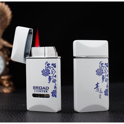 Mini Portable Metal Cigarette Lighter Windproof Jet Red Flame Lighter Blue and White Porcelain Inflatable Butane Torch Lighter