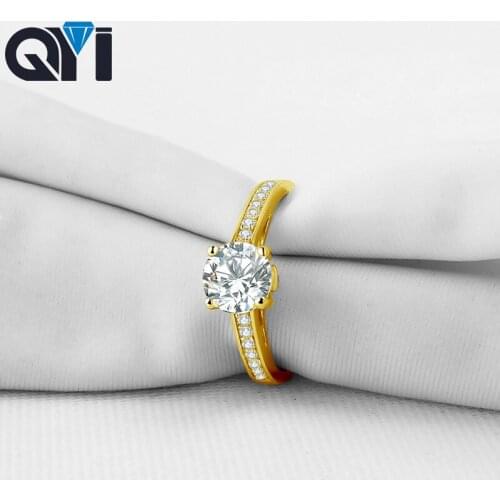 QYI 1 ct 14K Solid Yellow Gold Solitaire Engagement Ring Round Cut Sona Simulated Diamond Rings For Women