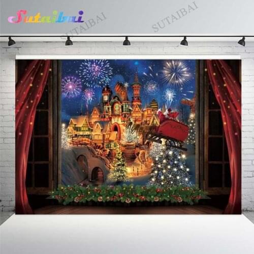 Christmas Backdrop 2022 Happy New Year Fireworks Castle Fairy Newborn Photography Background Vinyl Night Curtain Window View