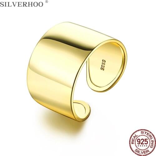 SILVERHOO 925 Sterling Silver Open Rings Wide Style Gold Adjustable Ring For Women Simple Exquisite Fine Jewelry Hot Sale Gift