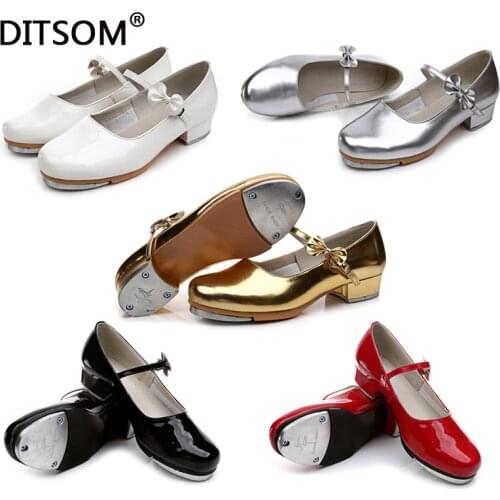 Child Slide Buckle with Bow Tap Shoes Shiny Patent Leather Non-skid Rubber Pad Tap Dance Shoes For Girls Women size 23-42