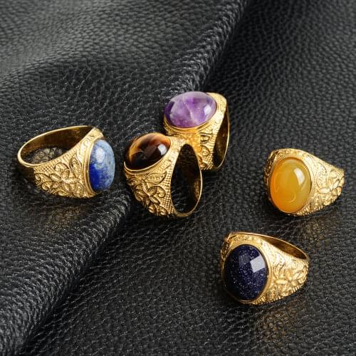 Turkish Vintage Jewelry 316L Stainless Steel Natural Chalcedony / Lapis / Chalced Stone Men Ring Sz 7~12 High Quality