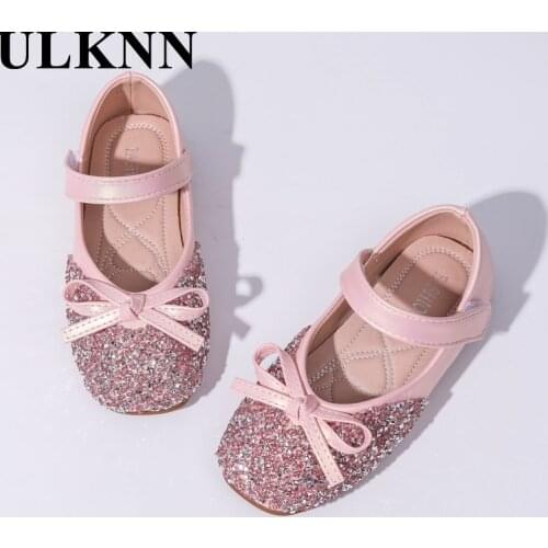 ULKNN Kids Princess Shoes Leather Bow Children Pink Party Wedding Dress Footwears For Girls Round Toe Breathable Pink Flats Shoe