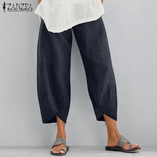 ZANZEA Vintage Linen Pants Womens Summer Trousers Casual Elastic Waist Asymmetrical Pantalon Female Cropped Pants Oversized