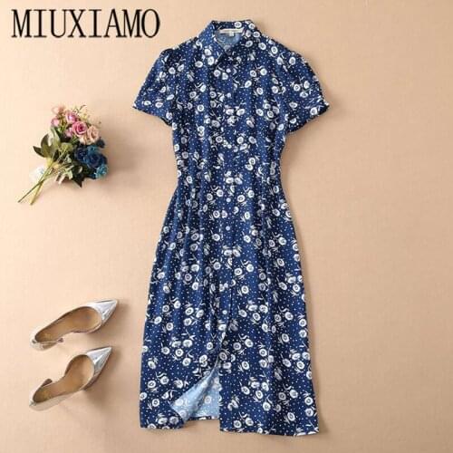 MIUXIMAO High Quailty 2020 Fall Dress Short Sleeve Flowers Print Vintage Mid-Calf Casual Slim Blue Beach Dress Women