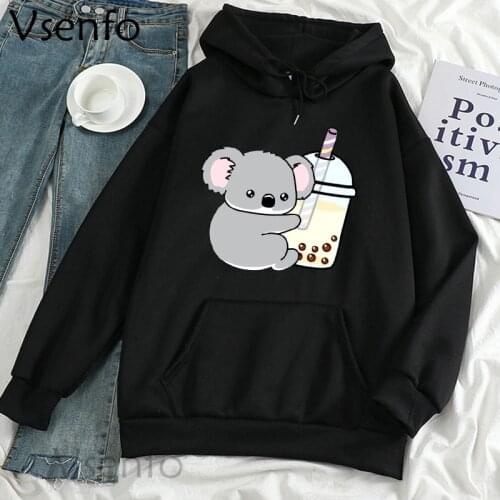 Little Koala Loves Boba Cute Fleece Sweatshirt for Women Harajuku Funny Hoodie Female Coat Pullovers Streetwear Kawaii Clothes