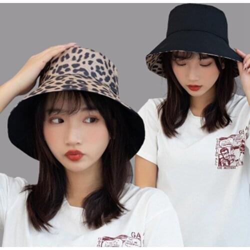 Sexy Leopard Big Wide Brim Bucket Cap Women Summer Travel Foldable Cotton Double Sided Wearable Fisherman Sunscreen Hat F82