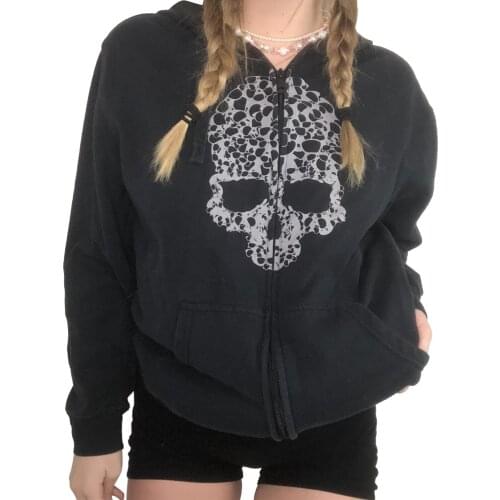 2021 Autumn Winter Womens Casual Zip Up Hoodie Long Sleeve Skull Star Print Vintage Sweatshirt with Pockets Streetwear