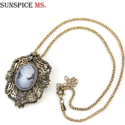 Sunspicems Retro Gold Color Victoria Relief Stone Pendant Necklace for Women Gray Rhinestone Turkish Wedding Jewelry Party Gift