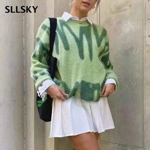 SLLSKY Fashion Stripes Print Sweater Women Autumn Knitted Warm Pullovers Female Long Jumpers Streetwear Loose Outerwear Sweater