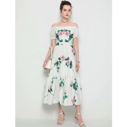 Rose flower print one-shoulder long stitching fairy skirt 2021 summer new womens strapless white evening dress