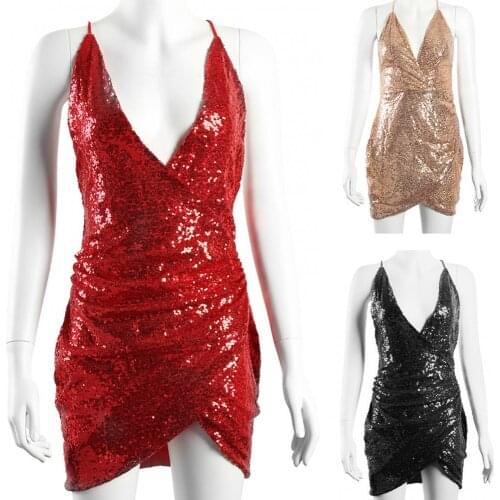 50% Hot Sales Women Sexy Deep V Neck Shiny Sequins Irregular Hem Backless Mini Bodycon Dress