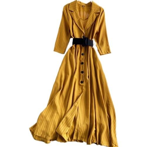 New Spring Autumn Women Notched Neck Three Quarter Sleeve Belt Slim Long Dress Fashion Single-breasted Striped Dress