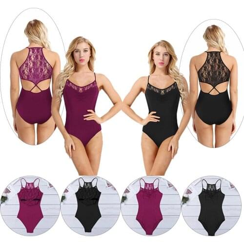 Women Adult Spaghetti Straps Lace Floral Leotard Gymnastics Costumes Criss Cross Built In Shelf Bra Ballet Bodysuit Dancewear