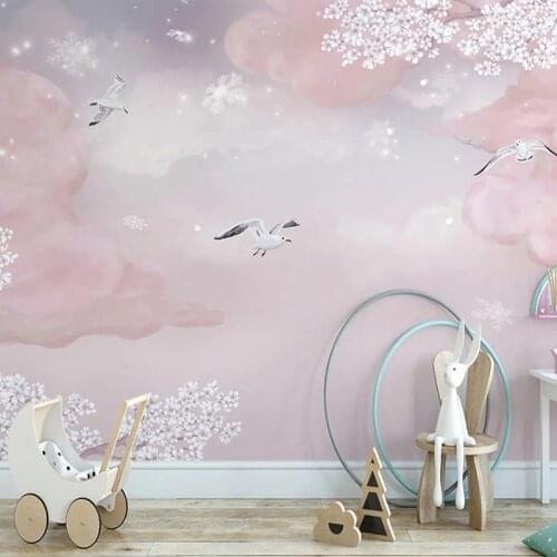Custom Mural Nordic Ins Hand-painted Fantasy Pink Clouds Romantic Cherry Blossom Childrens Room Background Wall Papel De Parede