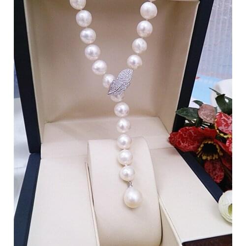 Hot sell 85cm 9-10mm freshwater pearl sweater chain micro inlay zircon long necklace fashion jewelry