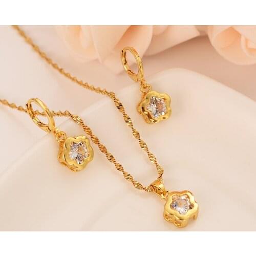 Gold and diamond set three-dimensional flower jewelry set woman/girl necklace earrings set wedding bride jewelry holiday gift