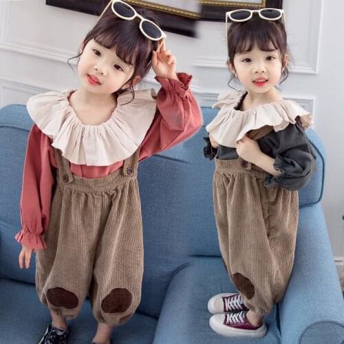 Girls Clothes Set Korean 2021 spring new cotton long-sleeved corduroy strap two-piece casual girls suit Bib Pants Cotton baby 2Y