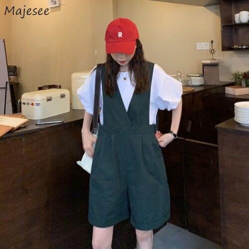 Short Sets Women Strap Solid Loose Cozy Students Simple Leisure Girls Puff Sleeve Folds Design Daily Streetwear Casual Chic New