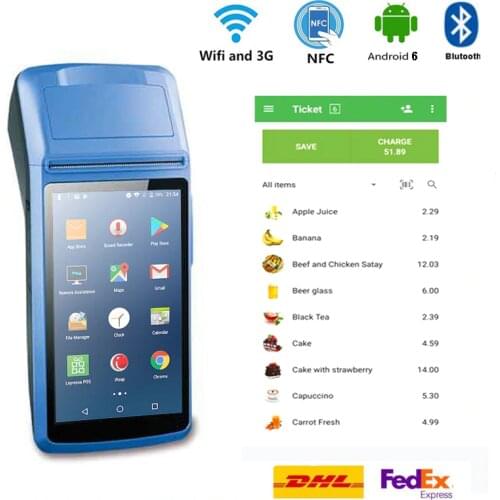 Handheld Android PDA POS Terminal Printer 3G WIFI Bluetooth NFC Built-in Thermal Printer and Barcode Reader with Charger Dock