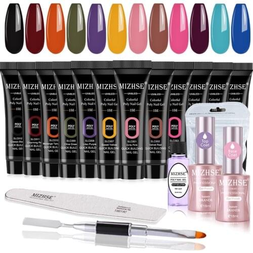 MIZHSE Poly Nail Gel Set Colorful 15ml Quick Extension UV LED Hard Gel Acrylic Builder Gel For Manicure Finger Extension Brush