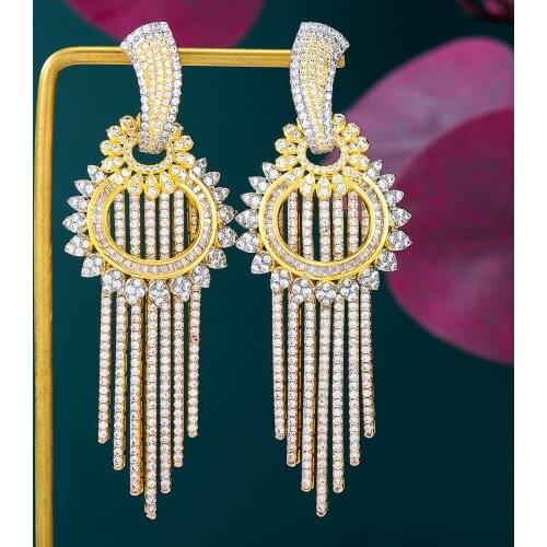 Trendy Dubai Luxury Long Tassel Pendant Earrings For Women Wedding Party CZ Bridal Earrings Fashion New Trendy Jewelry BOHO