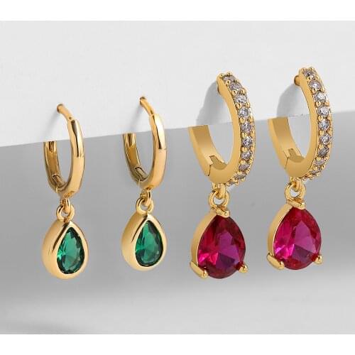 Fashion Waterdrop Rose Red / Green Crystal Earrings for Women Gold Color Metal Copper Small Circle Earring Wedding Jewelry