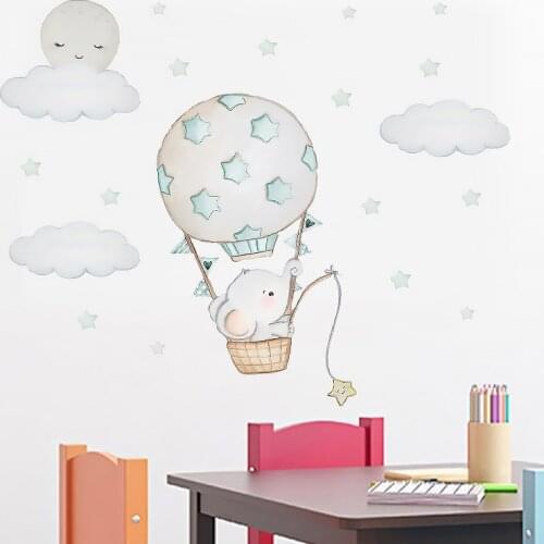 Cartoon Hot air balloon Elephant Wall Stickers for Kids rooms Baby room Nursery Wall Decor Vinyl Wall Decals Clouds Stars Moon