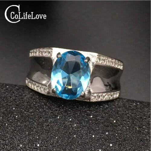 Fashion Blue Topaz Ring for Man Solid 925 Sterling Silver Man Ring 100 Natural 7*9mm Topaz Man Classic Silver Jewelry for Man