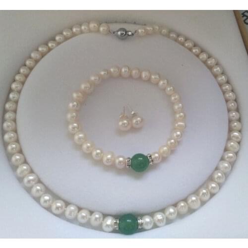 Natural White Akoya Cultured Pearl &Green Emerald Bracelet Necklace Earrings set jade Crystal Jewelry