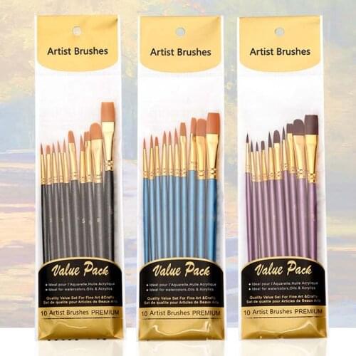 10Pcs/Pack Blue Pearlescent Nylon Brushes Set for Drawing Painting Oil Acrylic Wooden Handle Watercolor Art Supplies