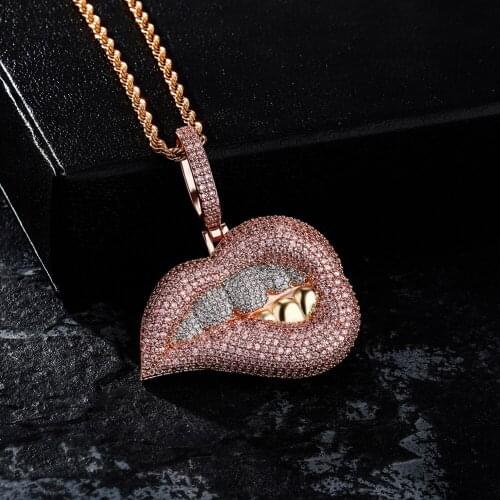 New Fashion Charm Two-color Micro Pave Pink Purple Cubic Zirconia Drip Lips Pendant Necklace Iced Out CZ Jewelry Gift for Women