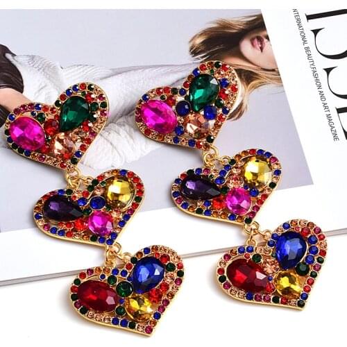 Luxury Long Big Heavy Love Heart-shaped Shinny Rhinestone Drop Earrings For Women Wedding Statement Jewelry Brincos