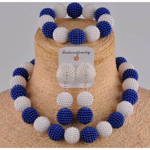 Royal blue and white simulated pearl bead costume necklace african jewelry set nigerian wedding beads FZZ97-04