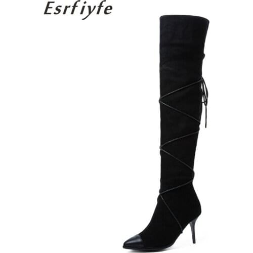ESRFIYFE 2020 New Large Size 34-48 Women Over The Knee Boots Lace Up Sexy High Heels Shoes Woman Winter Female Long Boots