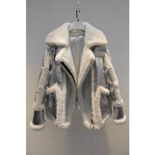 New European Design Silver Down Coat Woman Winter 2019 High Quality Real Lambswool Splice Warm Down Parka Jacket Female