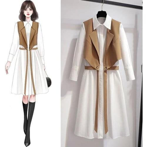 Two-piece dress female plus size 2021 spring and autumn new fashion streamer suit collar vest loose casual shirt dress suit