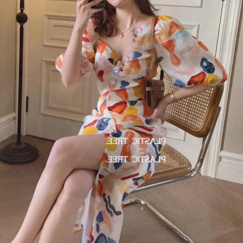 French retro square neck dress 2021 new summer oil painting slit temperament long DRESS vintage dress plus size dress