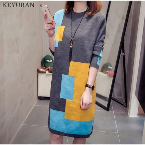 Spring Women Long Sweater Dress Autumn & Winter Womens Knitted Large Size Long-sleeve Spell Color Loose One-piece Warm Dresses