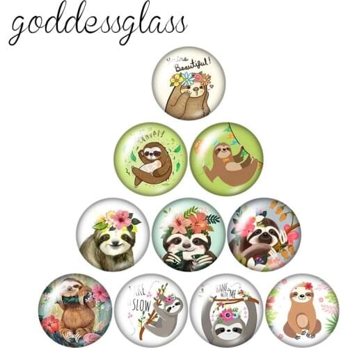 Cute sloth Flowers Drawings bradypod 10pcs 12mm/16mm/18mm/25mm Round photo glass cabochon demo flat back Making findings