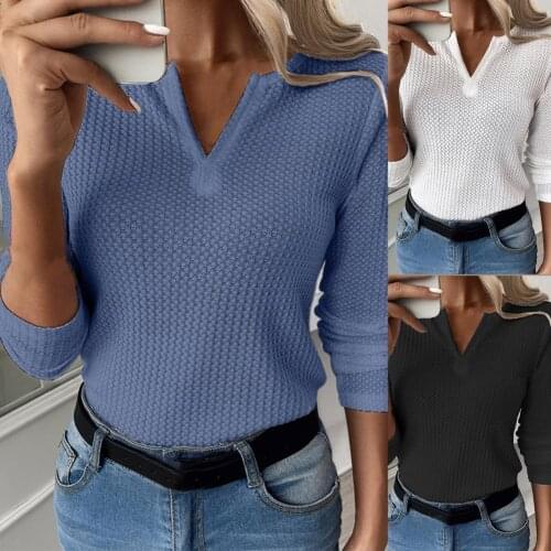 Basic T-shirt Solid Color Waffle Spring Autumn Long Sleeve V Neck T-shirt for Daily Wear