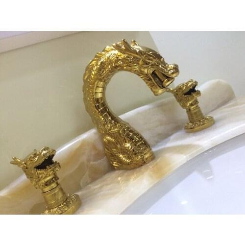 Free ship Gold Pvd 8" widespread bathroom dragon lav sink Faucet mixer tap Dragon handles New deck mounted Luxurious tap