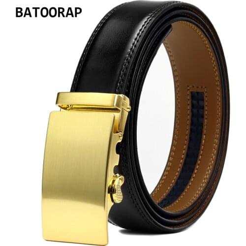BATOORAP Brand Men‘s’ Black Leather Business Belts Golden Alloy Buckle Solid Simple Formal Male Suit Waist Strap Cowhide WL-E022