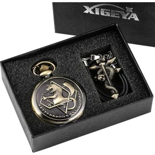 Bronze Alchemist Theme Clock Antique Quartz Pocket Watch Pendant Chain Japanese Anime Roman Number Display Gift Set