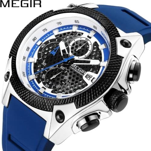 MEGIR Men Sport Watch Blue Silicone Strap Mens Watches Top Brand Luxury Luminous Waterproof Quartz Watch Man Relogio Masculino