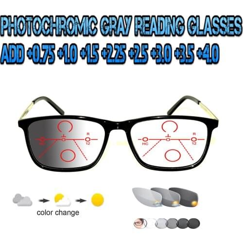 Photochromic Gray Progressive Multifocal Reading Glasses Men Woem Ultralight Black Frame+1.0 +1.5 +1.75 +2.0 +2.5 +3 +3.5 +4
